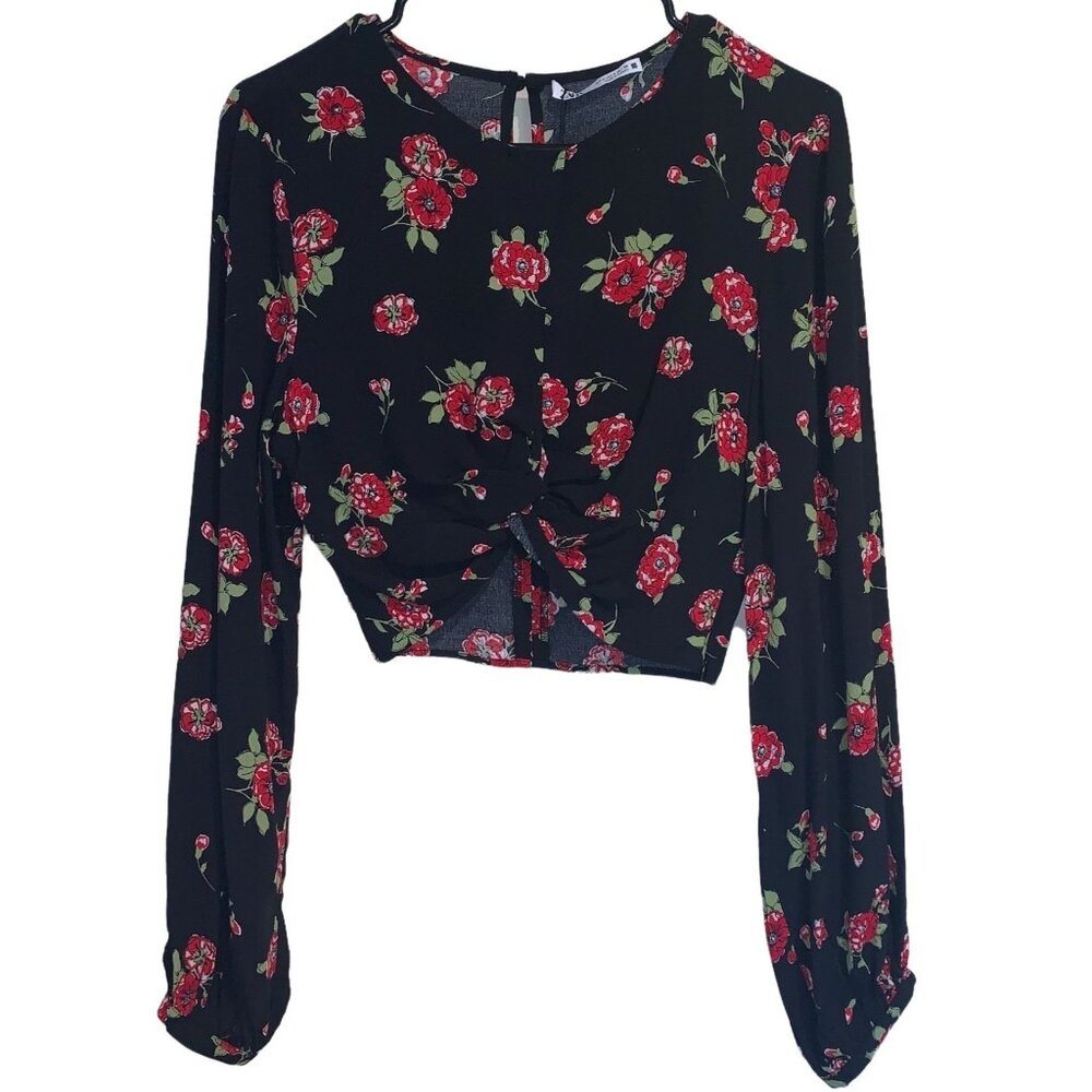NWT Zara Black Floral Cropped Top Sz S Knotted Long Sleeve Cottagecore Whimsy
